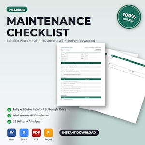 Pu&ograve; includere: Un modello di documento digitale per la lista di controllo della manutenzione idraulica con sezioni per l'approvvigionamento idrico, lo scaldabagno e gli scarichi. La pagina bianca include testo scuro, intestazioni verdi e un layout a tabella.