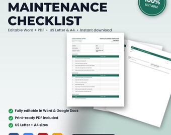 Plumbing Seasonal Maintenance & Inspection Checklist | Editable Word + PDF | US Letter + A4 | Instant Download