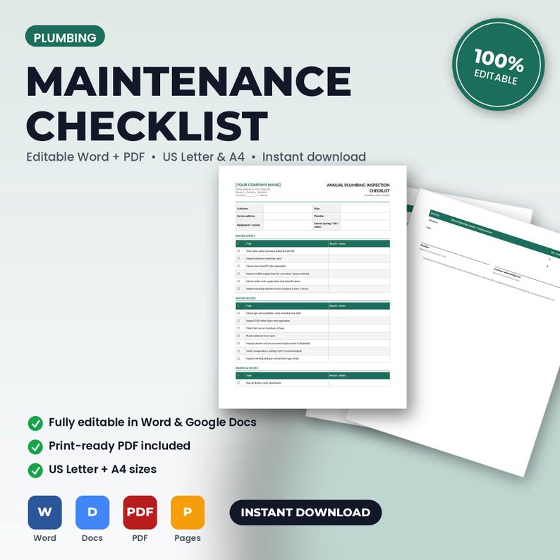 Pu&ograve; includere: Un modello di documento digitale per la lista di controllo della manutenzione idraulica con sezioni per l'approvvigionamento idrico, lo scaldabagno e gli scarichi. La pagina bianca include testo scuro, intestazioni verdi e un layout a tabella.