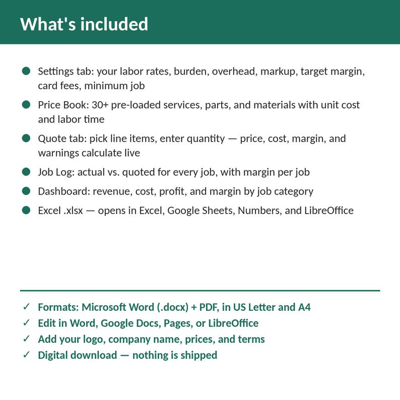 Plumbing Job Costing & Quote Calculator Spreadsheet | Excel + Google Sheets | Instant Download imagen 2