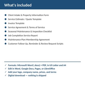 Op de afbeelding: Een digitale documentenset getiteld What's included, met een lijst van een klantintakeformulier, offerte, factuur, serviceovereenkomst, onderhoudschecklist, werkrapport, lidmaatschapsovereenkomst en scripts voor klantopvolging.