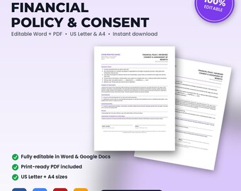Chiropractic Office Financial Policy, Treatment Consent & Photo Release | Editable Word + PDF | US Letter + A4 | Instant Download