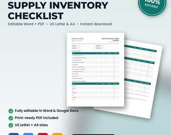 IV Hydration Clinic Supply Inventory & Order Checklist | Editable Word + PDF | US Letter + A4 | Instant Download