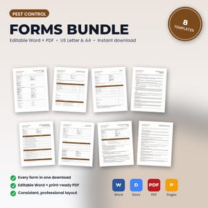 May include: A digital pest control forms bundle featuring eight templates in Word and PDF formats. The document set includes US Letter and A4 sizes with a professional layout, editable fields, and clear headings for business documentation needs.