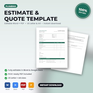 May include: A plumbing estimate and quote template document featuring dark text on a white background. The form includes sections for company name, client details, scope of work, itemized costs, and payment terms, available in US Letter size.