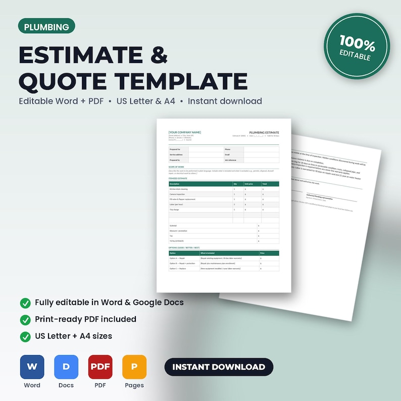 May include: A plumbing estimate and quote template document featuring dark text on a white background. The form includes sections for company name, client details, scope of work, itemized costs, and payment terms, available in US Letter size.