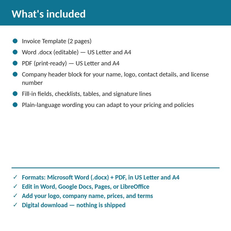 May include: A digital invoice template document featuring a list of what is included: a two-page invoice template, editable Word .docx files, and print-ready PDFs in US Letter and A4 sizes. It includes a company header block, fill-in fields, and plain-language wording.