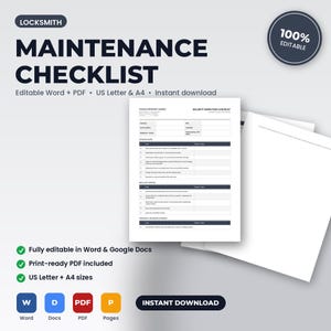 Locksmith Seasonal Maintenance & Inspection Checklist | Editable Word + PDF | US Letter + A4 | Instant Download