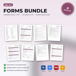 May include: A digital bundle of 8 editable medical spa forms in Word and PDF formats. The document set includes US Letter and A4 sizes with a professional layout, featuring dark text on white pages with purple accents and headers.