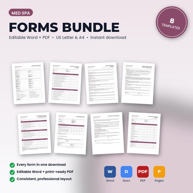 May include: A digital bundle of 8 editable medical spa forms in Word and PDF formats. The document set includes US Letter and A4 sizes with a professional layout, featuring dark text on white pages with purple accents and headers.