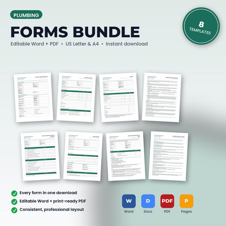 Pu&ograve; includere: Un pacchetto digitale di moduli per idraulica con otto modelli in formato Word e PDF. Il testo recita PLUMBING FORMS BUNDLE, 8 TEMPLATES, Editable Word + PDF, US Letter & A4, Instant download, Every form in one download e Consistent, professional layout.