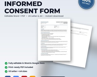 Dental Office Treatment-Specific Informed Consent Form | Editable Word + PDF | US Letter + A4 | Instant Download
