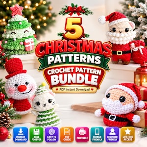 May include: A digital bundle of 5 Christmas crochet patterns featuring amigurumi figures including a green Christmas tree, a Santa Claus, a snowman, and a cat in a tree costume. The text reads 5 CHRISTMAS PATTERNS CROCHET PATTERN BUNDLE.
