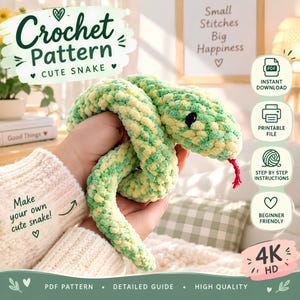 May include: A crochet pattern for a cute snake, featuring a soft, plush, variegated green and yellow yarn snake with a small red tongue. The digital document includes step-by-step instructions, a detailed guide, and is available for instant download.