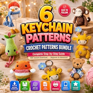 May include: A digital bundle of 6 crochet keychain patterns featuring a snowman, monkey, pear, giraffe, tiger, and bear. The text reads 6 KEYCHAIN PATTERNS CROCHET PATTERNS BUNDLE, Complete Step-by-Step Guide, PDF Instant Download, and Beginner to Advanced.