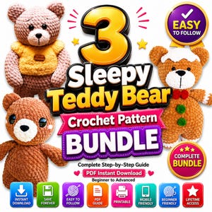 Könnte beinhalten: Ein digitales Häkelanleitungs-Set mit drei Teddybären. Der Text lautet 3 Sleepy Teddy Bear Crochet Pattern BUNDLE, Easy to Follow, Complete Bundle und PDF Instant Download. Enthält Symbole für Download, Speichern, Drucken und mobilen Zugriff.