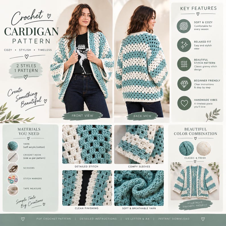 Beginner Crochet Cardigan Pattern, Scalloped Edge, Women's Sweater (PDF