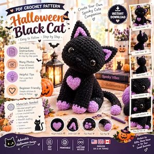 May include: A PDF crochet pattern for a Halloween black cat featuring a black yarn body with purple accents on the ears, heart-shaped chest patch, paws, and tail tip. The document includes text, step-by-step instructions, and photos.