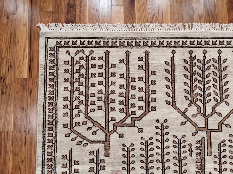 8x10 Beige Wool Area Rug With Brown Tree of Life Botanical Pattern - Etsy