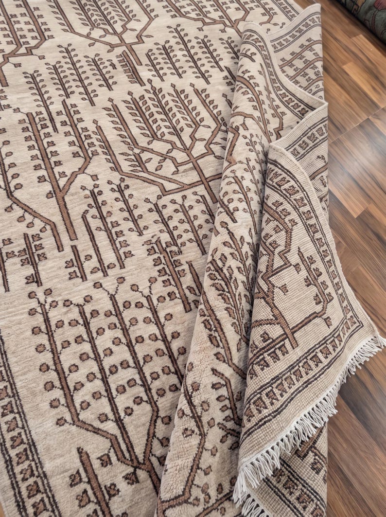8x10 Beige Wool Area Rug With Brown Tree of Life Botanical Pattern - Etsy