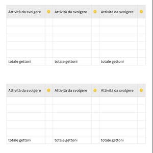 May include: A white grid chart featuring two distinct sections, each containing three columns. The headers read Attività da svolgere with a yellow coin icon, and the bottom rows are labeled totale gettoni. The layout is organized and clean.