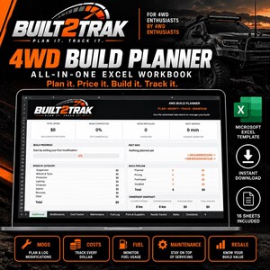 May include: A digital 4WD build planner Excel workbook displayed on a laptop screen. The interface features sections for total spend, build progress, next mod, build pipeline, and ownership snapshot. Includes 16 sheets for tracking mods, costs, fuel, maintenance, and resale value.