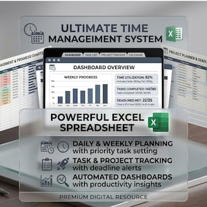 May include: A digital time management system displayed on multiple translucent screens. The interface features an Excel spreadsheet with a dashboard overview, weekly progress charts, task lists, project trackers, and deadline alerts for planning.