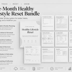 Könnte beinhalten: Ein One-Month Healthy Lifestyle Reset Paket mit einer Sammlung druckbarer Planungsseiten. Das Dokument enthält Abschnitte für die tägliche und wöchentliche Planung, Trainings- und Bewegungsprotokolle, Ernährungsberatung, Schlaf- und Erholungstracker sowie Mindset-Tools.