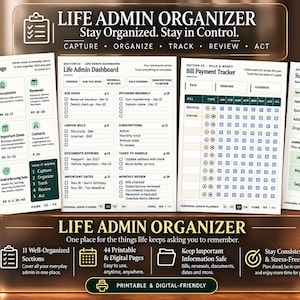 Peut inclure: Un système de planification Life Admin Organizer composé de quatre pages blanches avec du texte noir et des accents verts. Les pages incluent un tableau de bord, un suivi des factures et un audit d'abonnement. Le texte en-tête indique Life Admin Organizer.