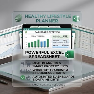 Hälsosam livsstilsplanerare i Excel, måltidsplanerare, träningsspårare, automatiserad fitness- och näringsmall, digital