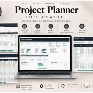 Może przedstawiać: Cyfrowy arkusz kalkulacyjny Excel do planowania projektów wyświetlany na ekranie laptopa i w otaczających go oknach. Interfejs zawiera pulpit nawigacyjny projektu, moduł śledzenia budżetu, moduł śledzenia zadań oraz wykres Gantta.