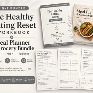 Pode incluir: Um pacote digital 2 em 1 com o caderno de exercícios The Healthy Eating Reset e um planejador de refeições e lista de compras. Inclui 33 páginas para planejar refeições, listas de compras e rastreamento de hábitos com texto impresso.