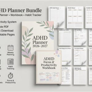 Pode incluir: Um pacote de planejador TDAH com 31 páginas imprimíveis, incluindo um planejador diário, pasta de trabalho e rastreador de hábitos. A capa exibe o texto ADHD Planner 2026-2027 com ilustrações botânicas e seções para planejamento semanal e mensal.