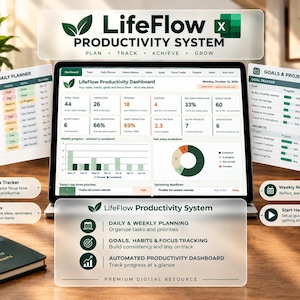 Modèle de feuille de calcul de planification de la productivité, tableau de bord de suivi des tâches, des habitudes et des objectifs pour Excel et Google Sheets