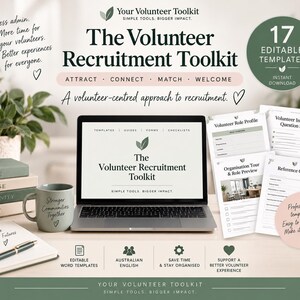 May include: A digital volunteer recruitment toolkit featuring 17 editable templates, guides, forms, and checklists. The display shows the title The Volunteer Recruitment Toolkit, with printed documents including a role profile and interview questions.