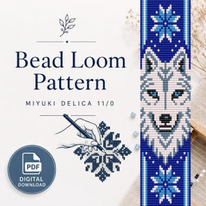 May include: A digital bead loom pattern for Miyuki Delica 11/0 beads featuring a wolf head graphic and snowflake motifs in shades of blue, white, and gray. The text reads Bead Loom Pattern, Miyuki Delica 11/0, and PDF Digital Download.
