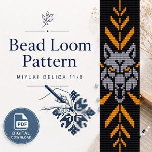 May include: A digital bead loom pattern for Miyuki Delica 11/0 beads featuring a graphic wolf head design in gray, black, and orange. The document includes the text Bead Loom Pattern, Miyuki Delica 11/0, and a PDF digital download icon.