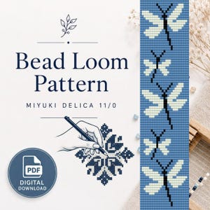 May include: A digital bead loom pattern for Miyuki Delica 11/0 beads. The design features a vertical strip with white dragonfly motifs on a blue background and a separate geometric floral pattern. Includes PDF digital download text.
