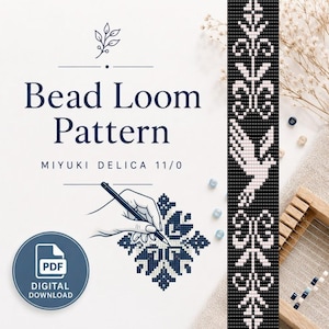 May include: A digital bead loom pattern for Miyuki Delica 11/0 beads. The design features a vertical black and white strip with floral and bird motifs, alongside a square grid pattern. A blue circular icon indicates a PDF digital download.