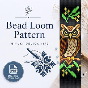 May include: A digital bead loom pattern for Miyuki Delica 11/0 beads featuring a pixelated owl perched on a branch with green leaves and yellow flowers against a black background. The text reads Bead Loom Pattern, Miyuki Delica 11/0, and PDF Digital Download.