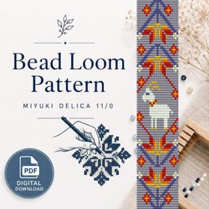 May include: A digital bead loom pattern for Miyuki Delica 11/0 beads. The design features a vertical strip with a repeating geometric motif, including a white goat, orange and yellow leaves, and blue diamond shapes on a gray background.