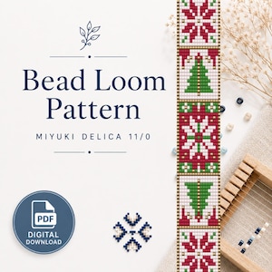 May include: A bead loom pattern for Miyuki Delica 11/0 beads featuring a repeating vertical design of red snowflakes and green Christmas trees. The text reads Bead Loom Pattern, Miyuki Delica 11/0, and PDF Digital Download. A small blue snowflake icon is included.