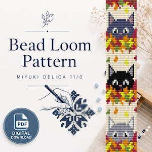 May include: A digital bead loom pattern for Miyuki Delica 11/0 beads featuring a vertical design of three cat faces in grey, black, and light grey, surrounded by autumn-coloured leaves. The text reads Bead Loom Pattern, Miyuki Delica 11/0, and PDF.