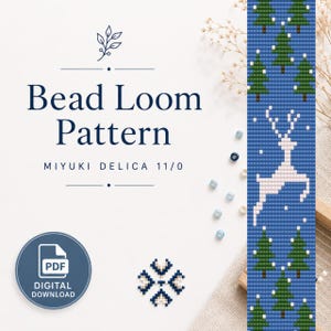 May include: A digital bead loom pattern for Miyuki Delica 11/0 beads. The design features a blue background with a repeating pattern of green pine trees and a white leaping deer. Text reads Bead Loom Pattern, Miyuki Delica 11/0, and PDF Digital Download.