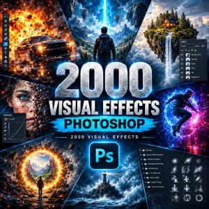 May include: A digital graphic advertisement for 2000 Visual Effects Photoshop software. The central text reads 2000 VISUAL EFFECTS PHOTOSHOP. Surrounding the text are six distinct panels showcasing fantasy landscapes, explosions, and magical effects.