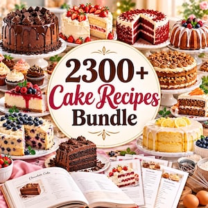 May include: A collection of various cakes including chocolate, strawberry, red velvet, and lemon, surrounding a central circular sign with the text 2300+ Cake Recipes Bundle. Open cookbooks with printed recipes and images of cakes are displayed in the foreground.