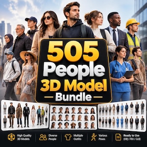 May include: A digital product display featuring a large black square sign with the yellow and white text 505 People 3D Model Bundle. Below the sign are smaller panels showing various 3D character models in diverse outfits, poses, and professional attire.