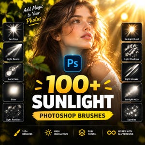 Op de afbeelding: Een digitale collectie van 100+ Photoshop-penselen met zonlichteffecten zoals zonnestralen, lichtbundels, lensflares, gloed, lichtdeeltjes, zonlichtuitbarstingen, lichtschaduwen, lichtstrepen, zonlichtwaas en sprankelingen.