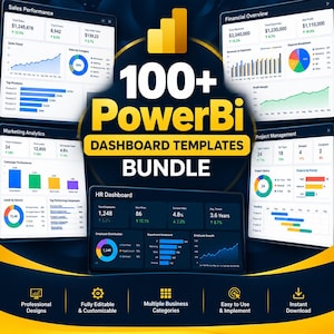 May include: A digital bundle of 100+ PowerBI dashboard templates featuring various data visualizations including bar charts, pie charts, and line graphs. The display shows analytics for sales, finance, marketing, project management, and human resources.