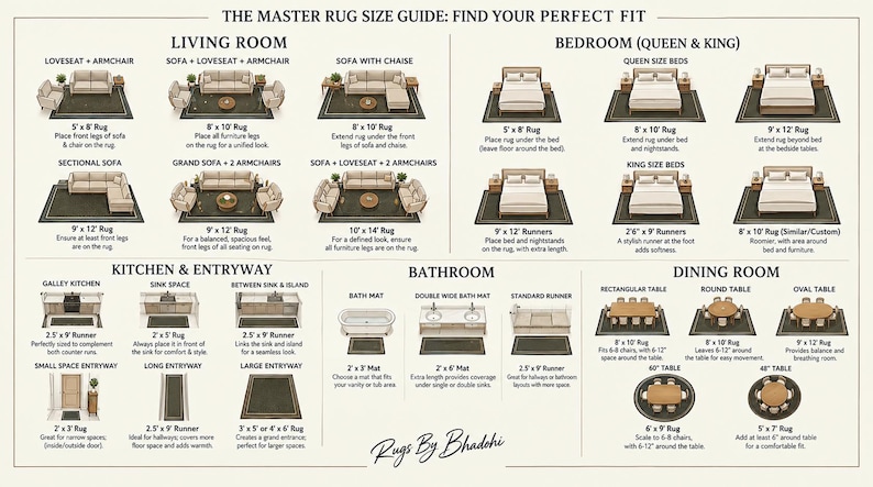 Pode incluir: Uma infografia bege intitulada THE MASTER RUG SIZE GUIDE: FIND YOUR PERFECT FIT, apresentando ilustra&ccedil;&otilde;es de disposi&ccedil;&otilde;es de m&oacute;veis para salas, quartos, cozinhas, entradas, casas de banho e salas de jantar com etiquetas de tamanhos de tapetes.